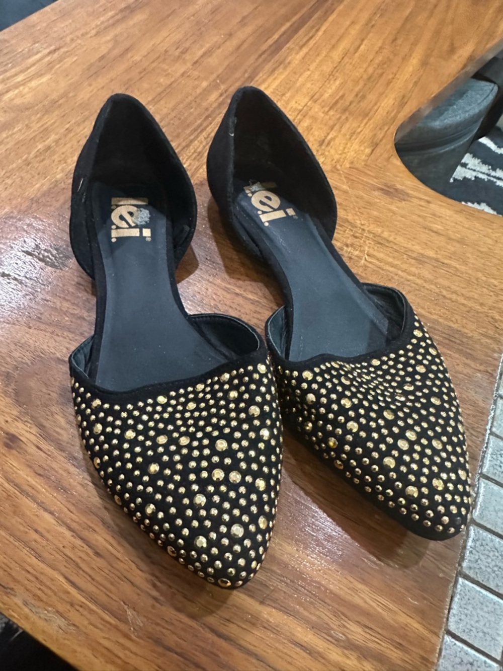 Lei Black Pointed D'Orsay Flats with Gold Studs size 8